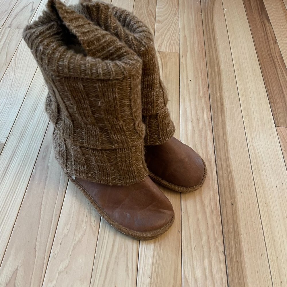 Girls Brown Boots with Knit Overlay - Picture 2 of 4